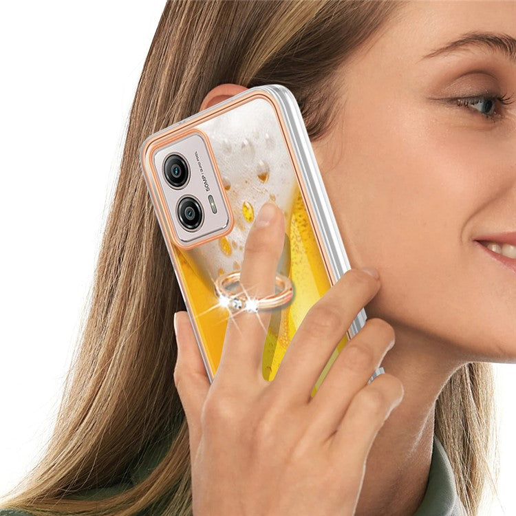 YB IMD Series-20 Style D 2.0mm TPU Electroplated Case for Motorola Moto G53 5G / G23 4G / G13 4G , Ring Kickstand IMD Phone Cover - Beer