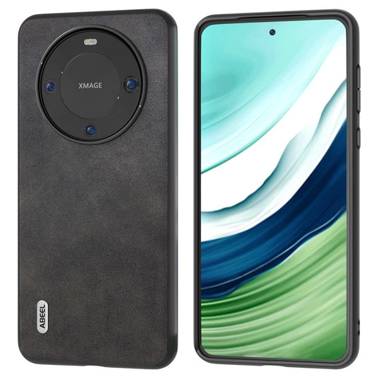 ABEEL Phone Case for Huawei Mate 60 , Cowhide Texture PU Leather Coated TPU+PC Cover - Black