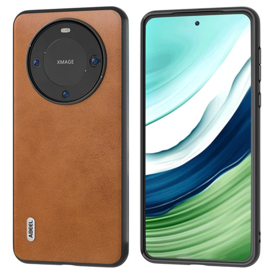 ABEEL Phone Case for Huawei Mate 60 , Cowhide Texture PU Leather Coated TPU+PC Cover - Brown