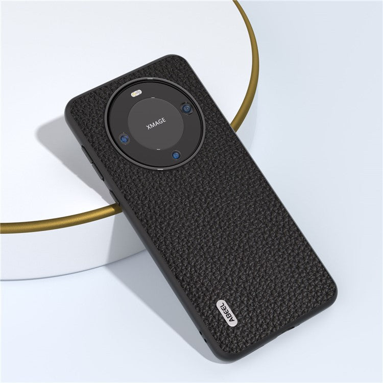 ABEEL Litchi Texture Phone Case for Huawei Mate 60 , Cowhide Leather Coated PC+TPU Phone Cover - Black