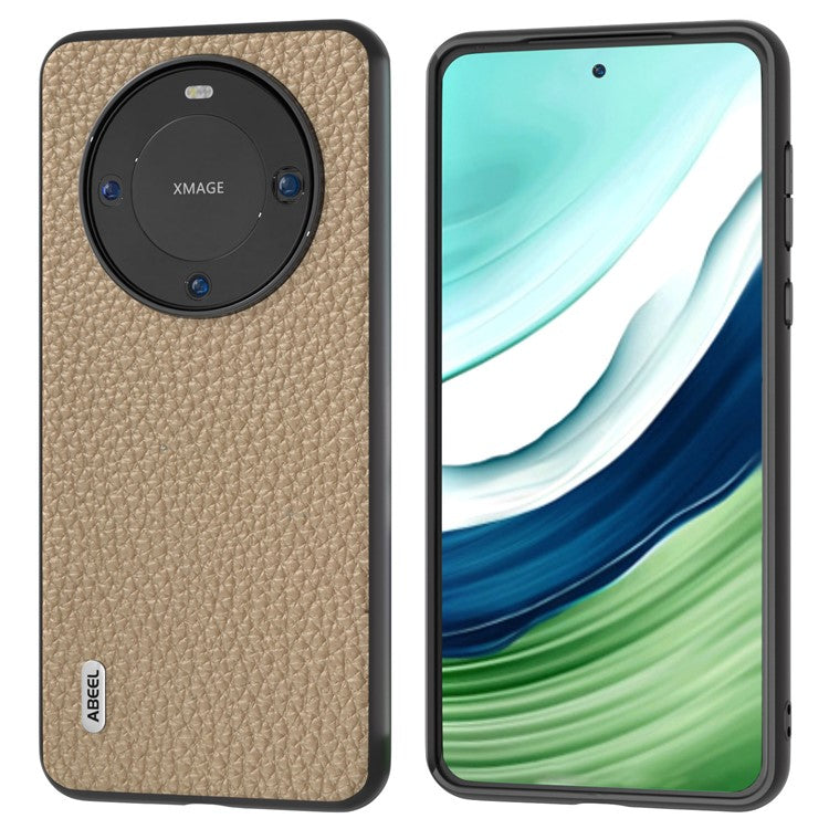 ABEEL Litchi Texture Phone Case for Huawei Mate 60 , Cowhide Leather Coated PC+TPU Phone Cover - Khaki