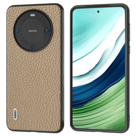 ABEEL Litchi Texture Phone Case for Huawei Mate 60 , Cowhide Leather Coated PC+TPU Phone Cover - Khaki