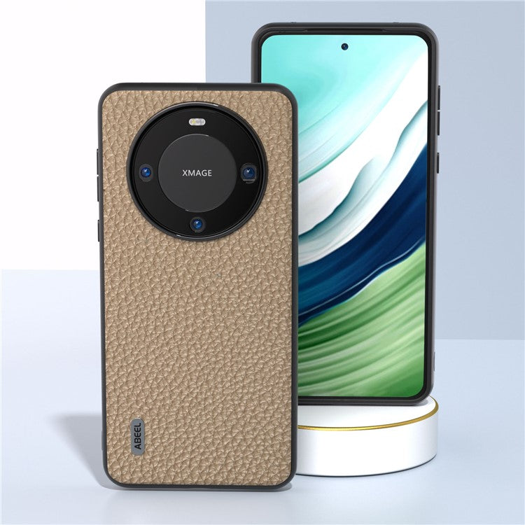 ABEEL Litchi Texture Phone Case for Huawei Mate 60 , Cowhide Leather Coated PC+TPU Phone Cover - Khaki