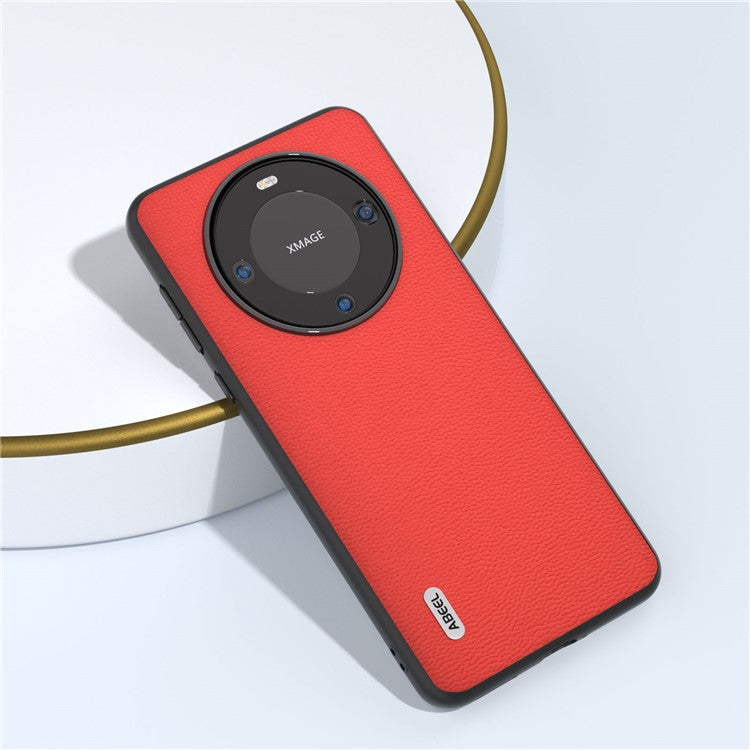 ABEEL For Huawei Mate 60 Pro Genuine Cow Leather Coating Phone Cover Litchi Texture PC+TPU Case - Red