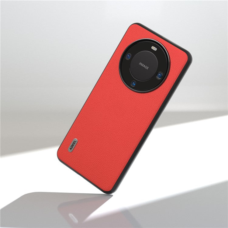 ABEEL For Huawei Mate 60 Pro Genuine Cow Leather Coating Phone Cover Litchi Texture PC+TPU Case - Red