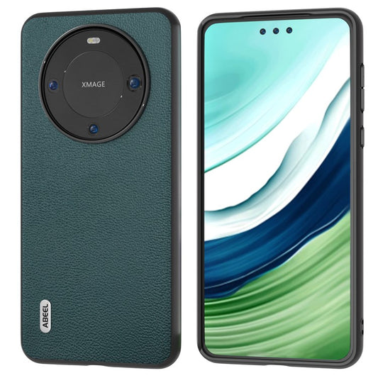 ABEEL For Huawei Mate 60 Pro Genuine Cow Leather Coating Phone Cover Litchi Texture PC+TPU Case - Midnight Green