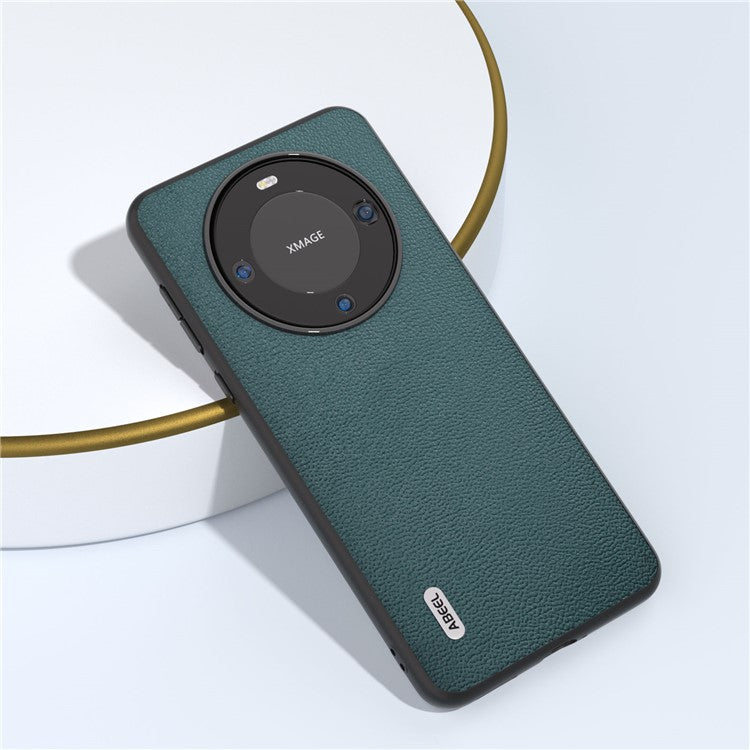 ABEEL For Huawei Mate 60 Pro Genuine Cow Leather Coating Phone Cover Litchi Texture PC+TPU Case - Midnight Green
