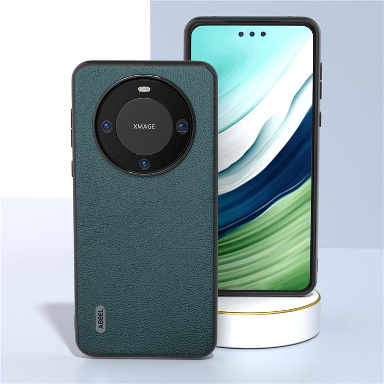 ABEEL For Huawei Mate 60 Pro Genuine Cow Leather Coating Phone Cover Litchi Texture PC+TPU Case - Midnight Green