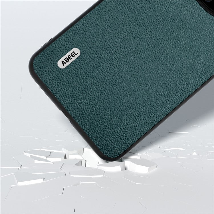 ABEEL For Huawei Mate 60 Pro Genuine Cow Leather Coating Phone Cover Litchi Texture PC+TPU Case - Midnight Green