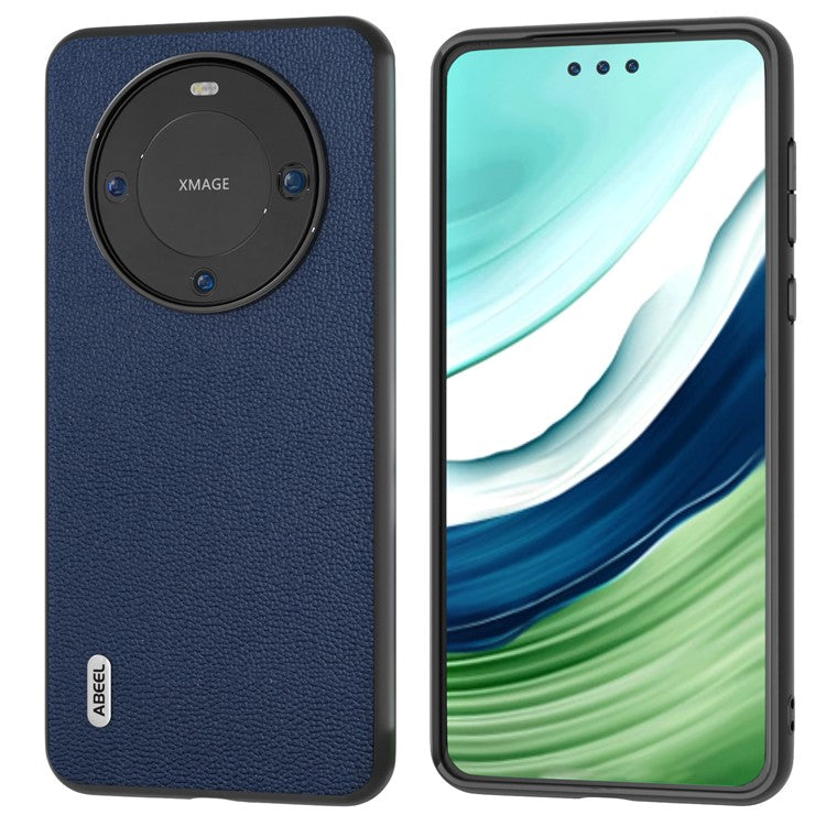 ABEEL For Huawei Mate 60 Pro Genuine Cow Leather Coating Phone Cover Litchi Texture PC+TPU Case - Blue