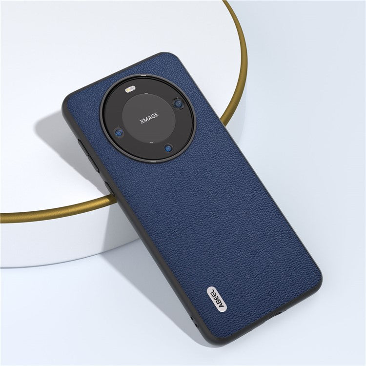 ABEEL For Huawei Mate 60 Pro Genuine Cow Leather Coating Phone Cover Litchi Texture PC+TPU Case - Blue