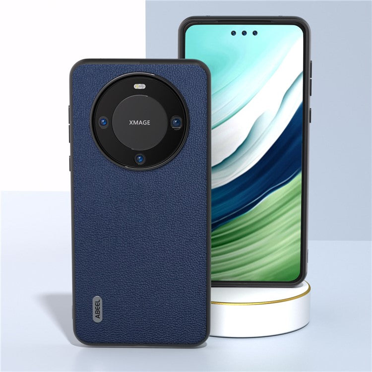 ABEEL For Huawei Mate 60 Pro Genuine Cow Leather Coating Phone Cover Litchi Texture PC+TPU Case - Blue