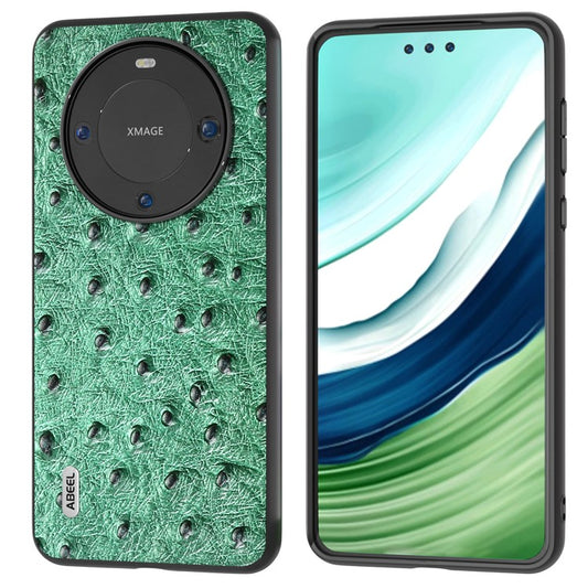 ABEEL Ostrich Texture Phone Case for Huawei Mate 60 Pro Genuine Cow Leather Coated PC+TPU Cover - Green