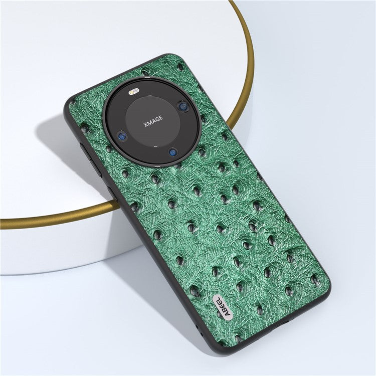 ABEEL Ostrich Texture Phone Case for Huawei Mate 60 Pro Genuine Cow Leather Coated PC+TPU Cover - Green