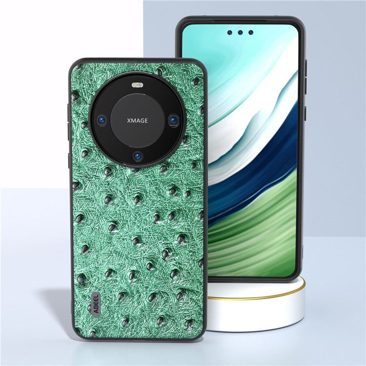 ABEEL Ostrich Texture Phone Case for Huawei Mate 60 Pro Genuine Cow Leather Coated PC+TPU Cover - Green