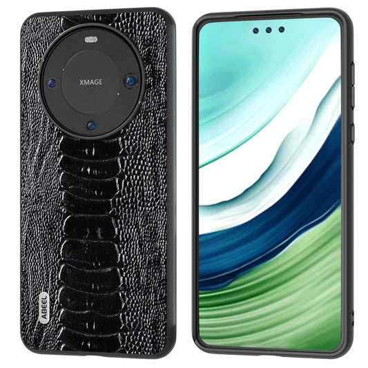 ABEEL For Huawei Mate 60 Pro Crocodile Texture Phone Cover Genuine Cow Leather+PC+TPU Phone Case - Black