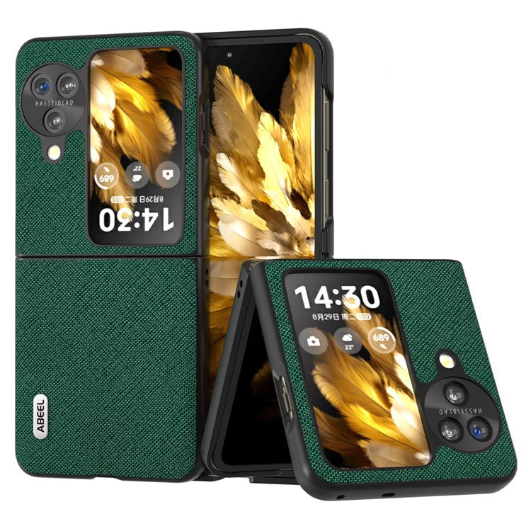 ABEEL For Oppo Find N3 Flip 5G Phone Cover Genuine Cow Leather + PC Cross Texture Anti-Scratch Case - Green