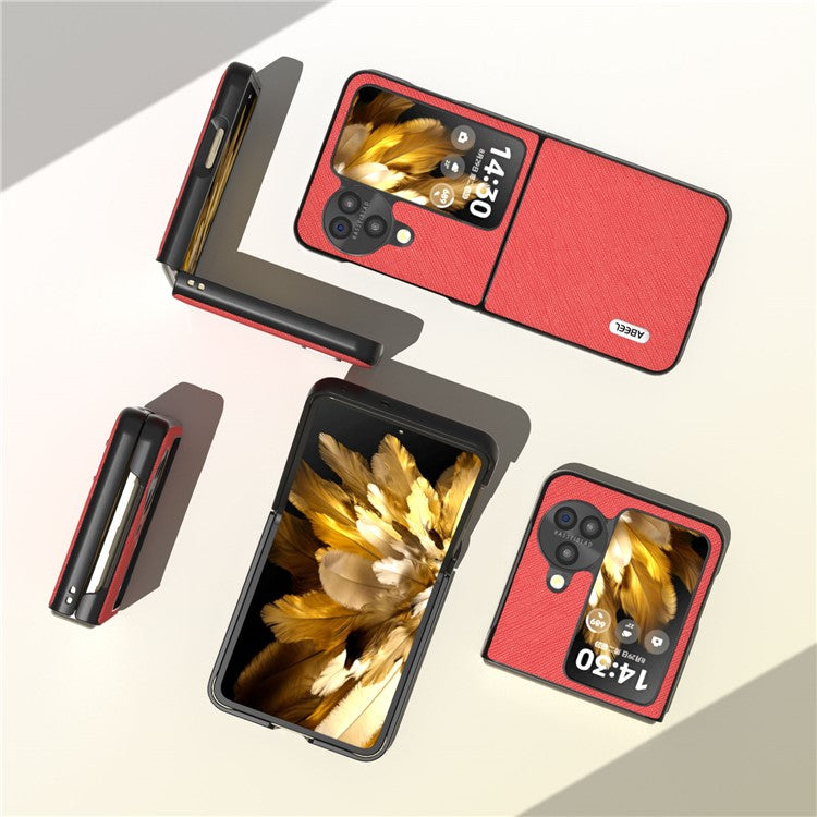 ABEEL For Oppo Find N3 Flip 5G Phone Cover Genuine Cow Leather + PC Cross Texture Anti-Scratch Case - Red