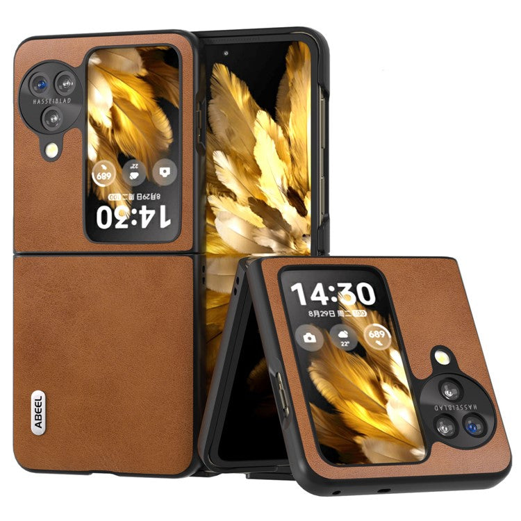 ABEEL For Oppo Find N3 Flip 5G Cowhide Texture Shockproof Cover PU Leather Coated PC  Phone Case - Brown