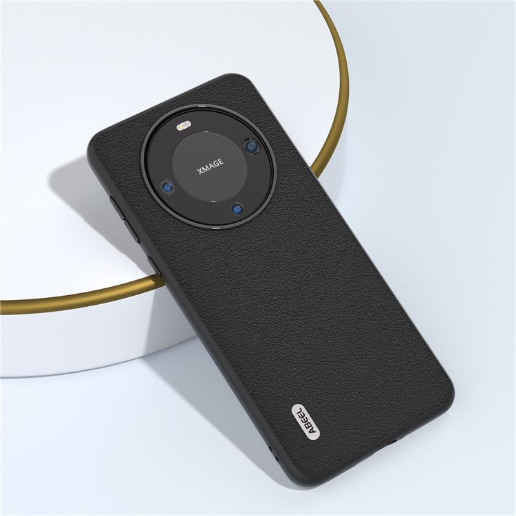 ABEEL For Huawei Mate 60 Textured Phone Case Genuine Cow Leather Coated PC+TPU Shockproof Cover - Black