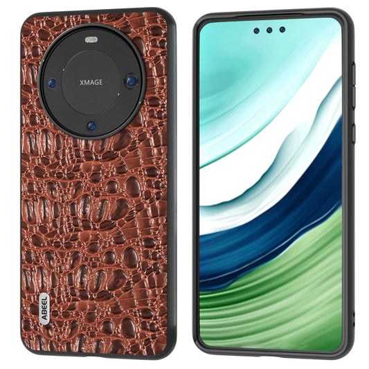 ABEEL For Huawei Mate 60 Canopy Texture Protective Case Genuine Cow Leather Coated PC+TPU Phone Cover - Brown