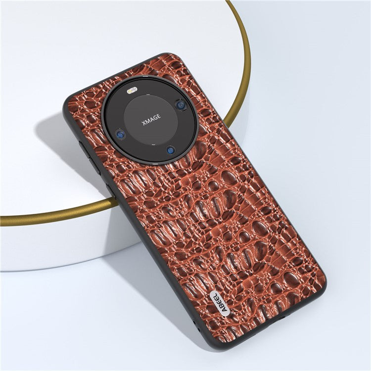ABEEL For Huawei Mate 60 Canopy Texture Protective Case Genuine Cow Leather Coated PC+TPU Phone Cover - Brown