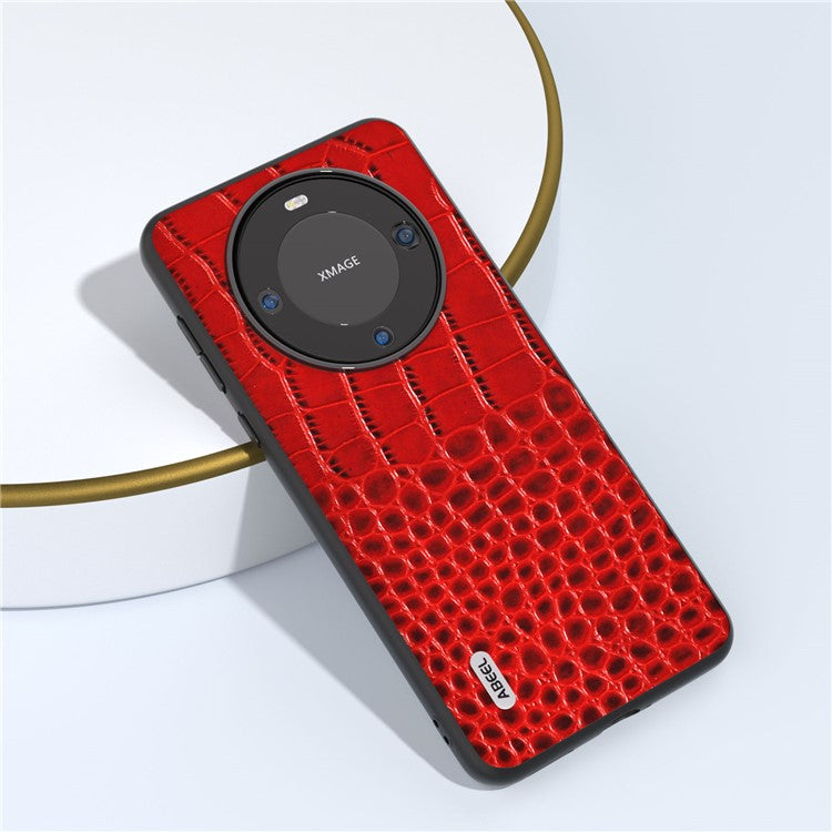 ABEEL For Huawei Mate 60 Crocodile Texture Phone Cover Genuine Cow Leather Coated PC+TPU Hybrid Case - Red