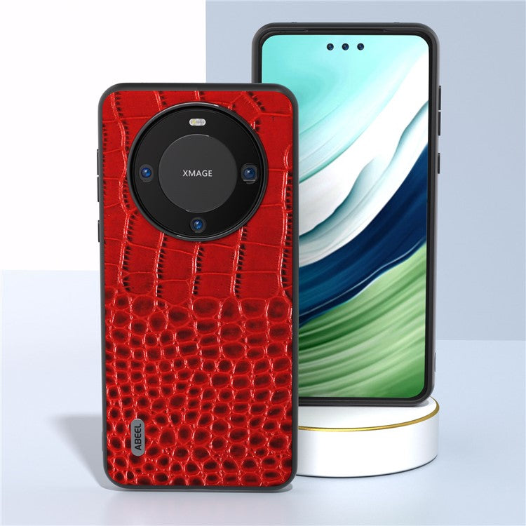 ABEEL For Huawei Mate 60 Crocodile Texture Phone Cover Genuine Cow Leather Coated PC+TPU Hybrid Case - Red