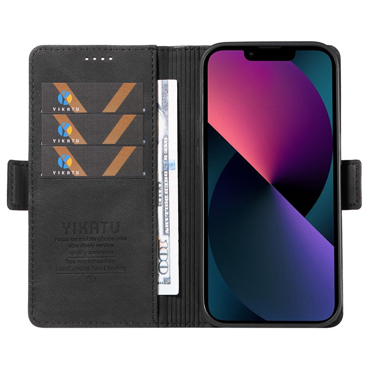 YIKATU YK-005 For iPhone 14 Wallet Case Stand PU Leather Skin-touch Magnetic Protective Phone Cover - Black