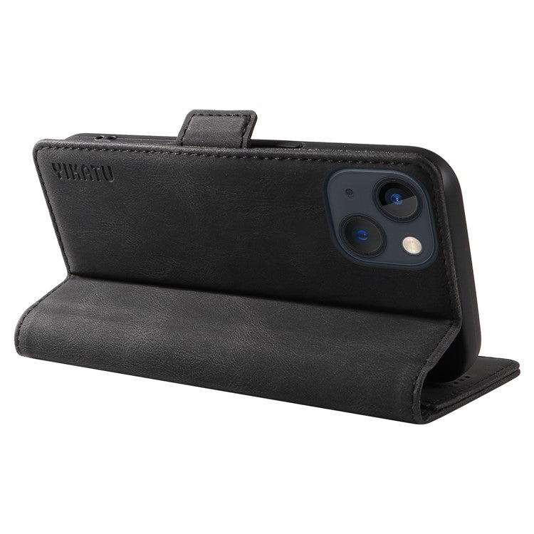 YIKATU YK-005 For iPhone 14 Wallet Case Stand PU Leather Skin-touch Magnetic Protective Phone Cover - Black
