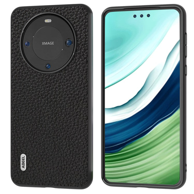 ABEEL For Huawei Mate 60 Pro Anti-Scratch Cowhide Leather Coated PC+TPU Phone Case Litchi Texture Cover - Black