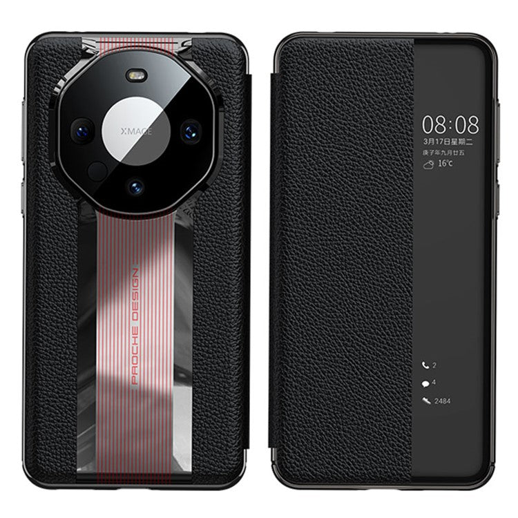 View Window Phone Flip Case for Huawei Mate 60 Genuine Cow Leather Auto Wake-up  /  Sleep Phone Cover - Black