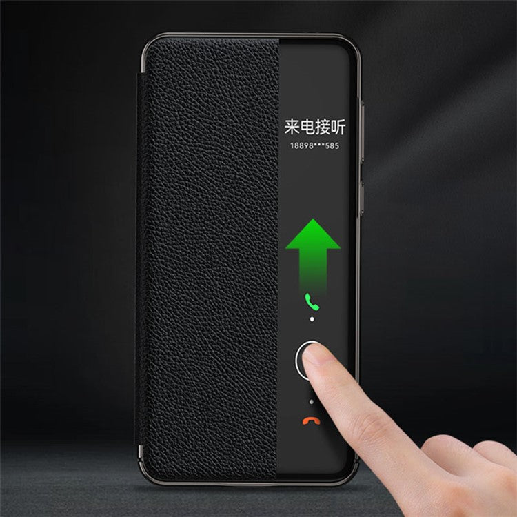 View Window Phone Flip Case for Huawei Mate 60 Genuine Cow Leather Auto Wake-up  /  Sleep Phone Cover - Black