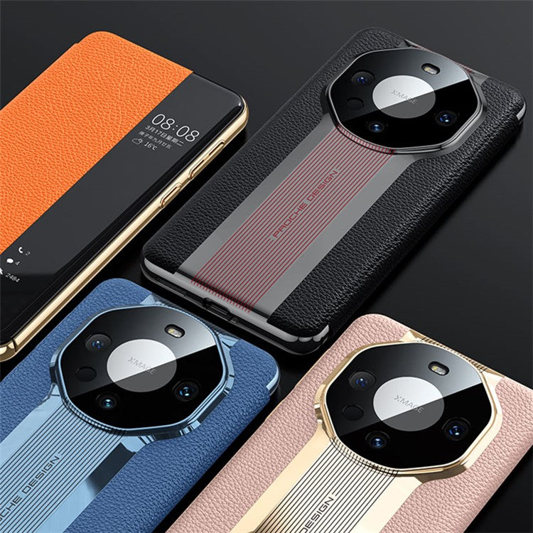 View Window Phone Flip Case for Huawei Mate 60 Genuine Cow Leather Auto Wake-up  /  Sleep Phone Cover - Black