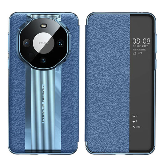 View Window Phone Flip Case for Huawei Mate 60 Genuine Cow Leather Auto Wake-up  /  Sleep Phone Cover - Blue