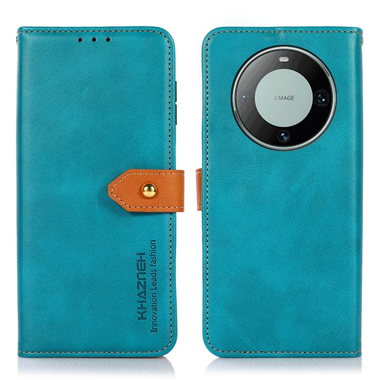 KHAZNEH For Huawei Mate 60 Pro Cowhide Texture Leather Stand Case Anti-shock Wallet Phone Cover - Blue