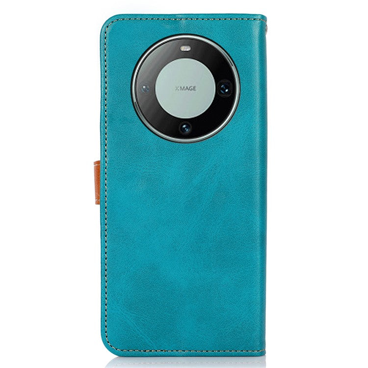 KHAZNEH For Huawei Mate 60 Pro Cowhide Texture Leather Stand Case Anti-shock Wallet Phone Cover - Blue