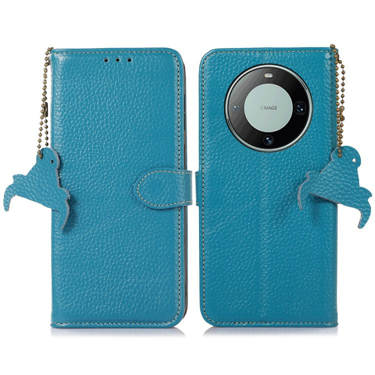 For Huawei Mate 60 Pro RFID Blocking Wallet Cover Litchi Texture Genuine Cow Leather Phone Case - Blue