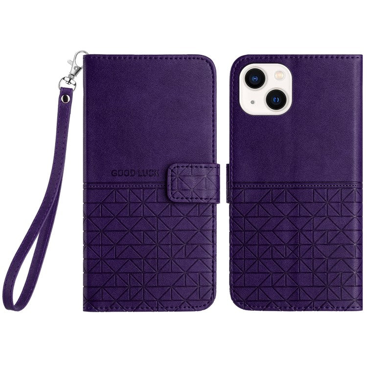 Geometric Imprinted Wallet Case for iPhone 14 Plus , Microfiber Leather Stand Phone Cover - Purple