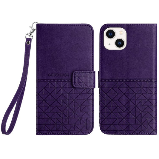 Geometric Imprinted Wallet Case for iPhone 14 Plus , Microfiber Leather Stand Phone Cover - Purple