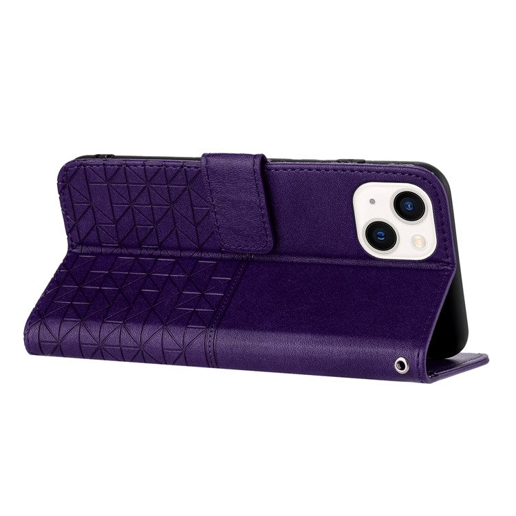 Geometric Imprinted Wallet Case for iPhone 14 Plus , Microfiber Leather Stand Phone Cover - Purple