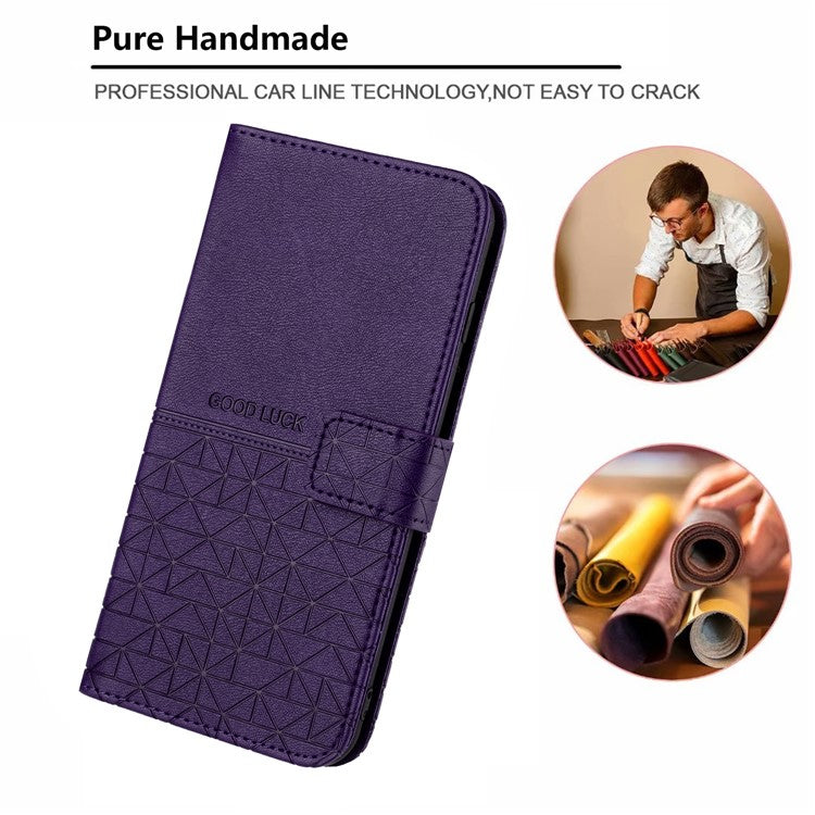 Geometric Imprinted Wallet Case for iPhone 14 Plus , Microfiber Leather Stand Phone Cover - Purple