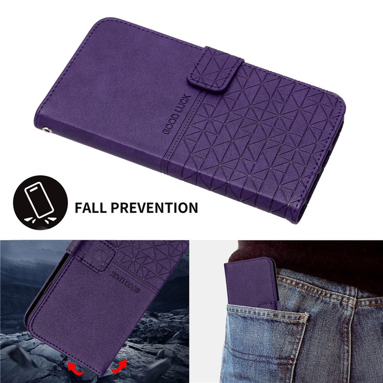 Geometric Imprinted Wallet Case for iPhone 14 Plus , Microfiber Leather Stand Phone Cover - Purple