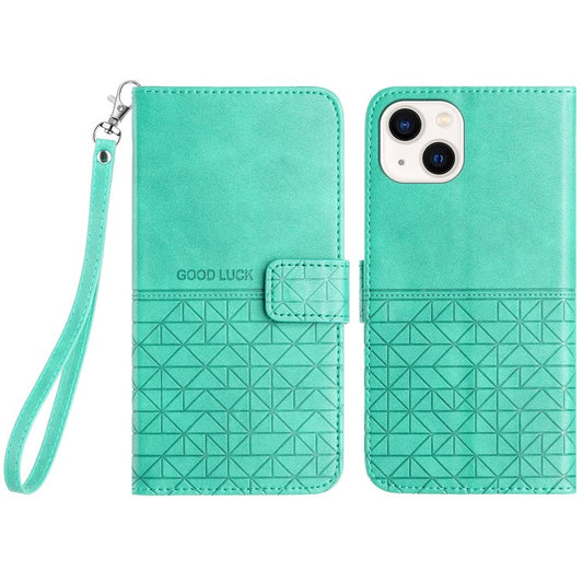 Geometric Imprinted Wallet Case for iPhone 14 Plus , Microfiber Leather Stand Phone Cover - Green