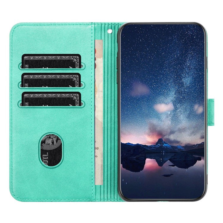 Geometric Imprinted Wallet Case for iPhone 14 Plus , Microfiber Leather Stand Phone Cover - Green