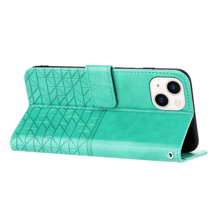 Geometric Imprinted Wallet Case for iPhone 14 Plus , Microfiber Leather Stand Phone Cover - Green