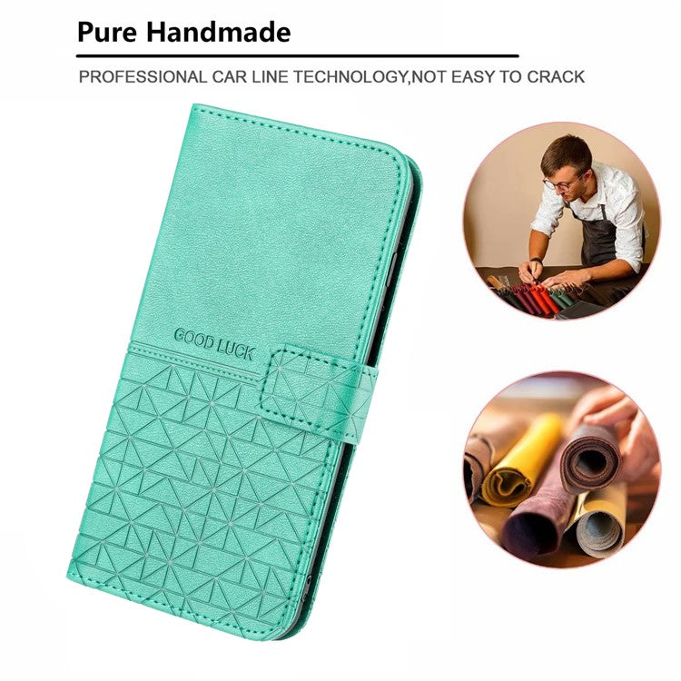 Geometric Imprinted Wallet Case for iPhone 14 Plus , Microfiber Leather Stand Phone Cover - Green