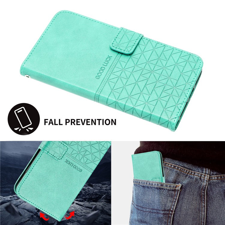 Geometric Imprinted Wallet Case for iPhone 14 Plus , Microfiber Leather Stand Phone Cover - Green