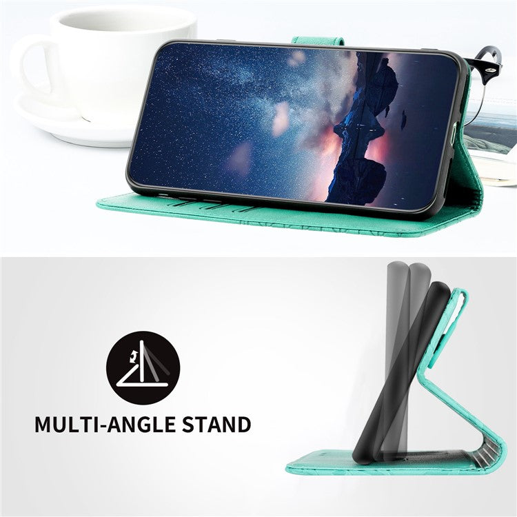 Geometric Imprinted Wallet Case for iPhone 14 Plus , Microfiber Leather Stand Phone Cover - Green