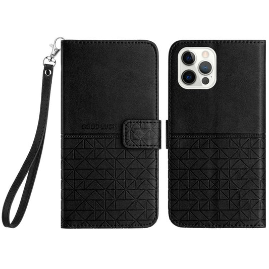 Phone Wallet Case for iPhone 14 Pro , Microfiber Leather Geometric Imprinted Cover with Stand - Black